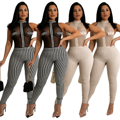 Clothing Summer Club Sleeveless Houndstooth Knitting Threads See-through Jumpsuit