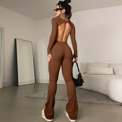 Sports Color One Piece Trousers U Neck Long Sleeved Backless Fleece Jumpsuit Clothing Autumn
