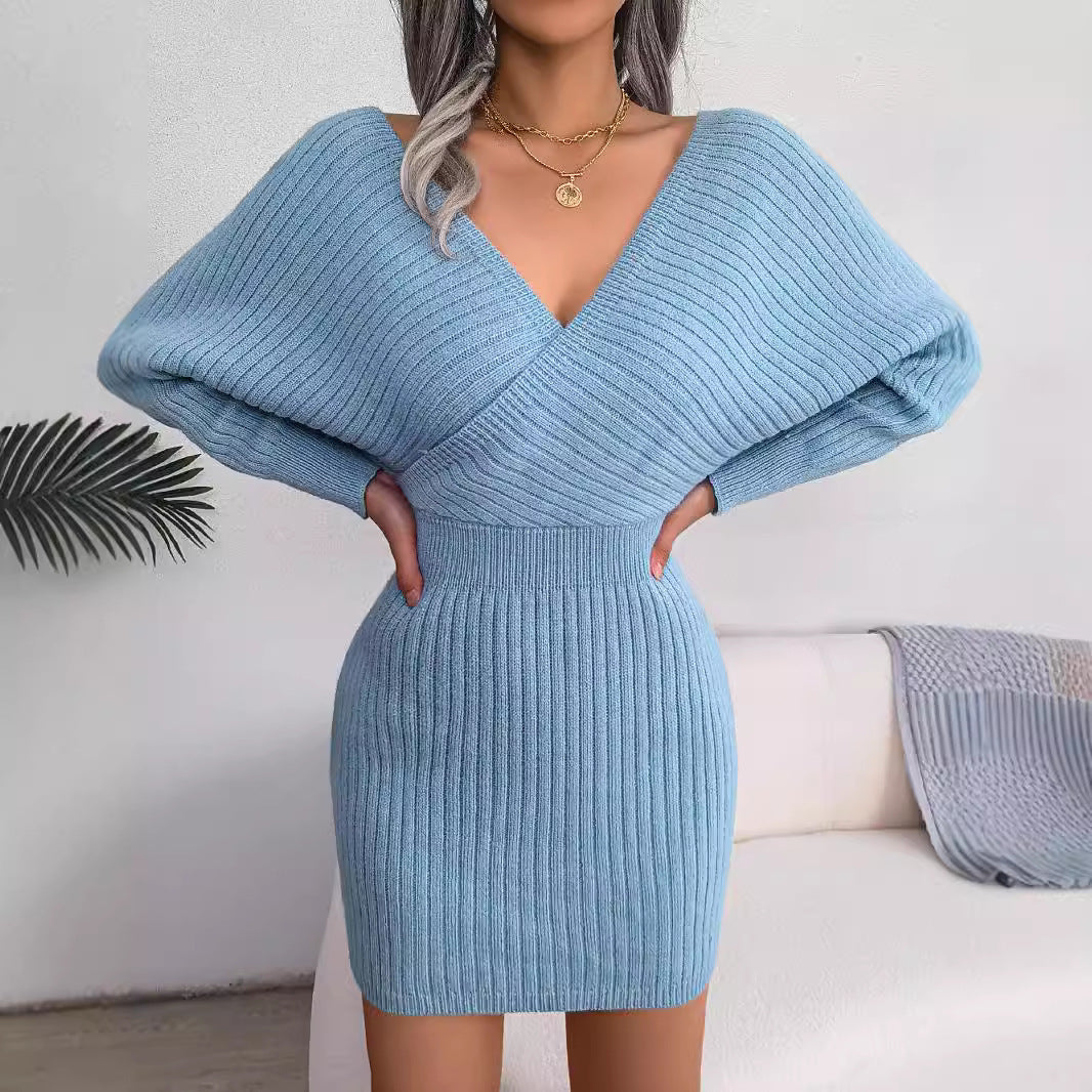 Cross V-neck Bat Skirt Hip Dress Sweater Dress