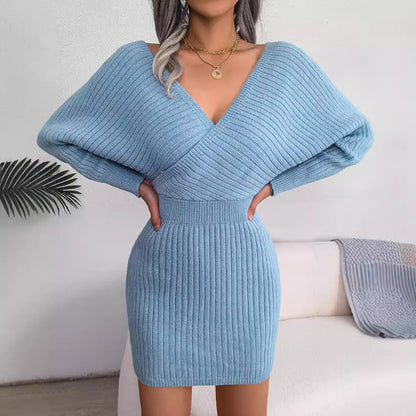 Cross V-neck Bat Skirt Hip Dress Sweater Dress
