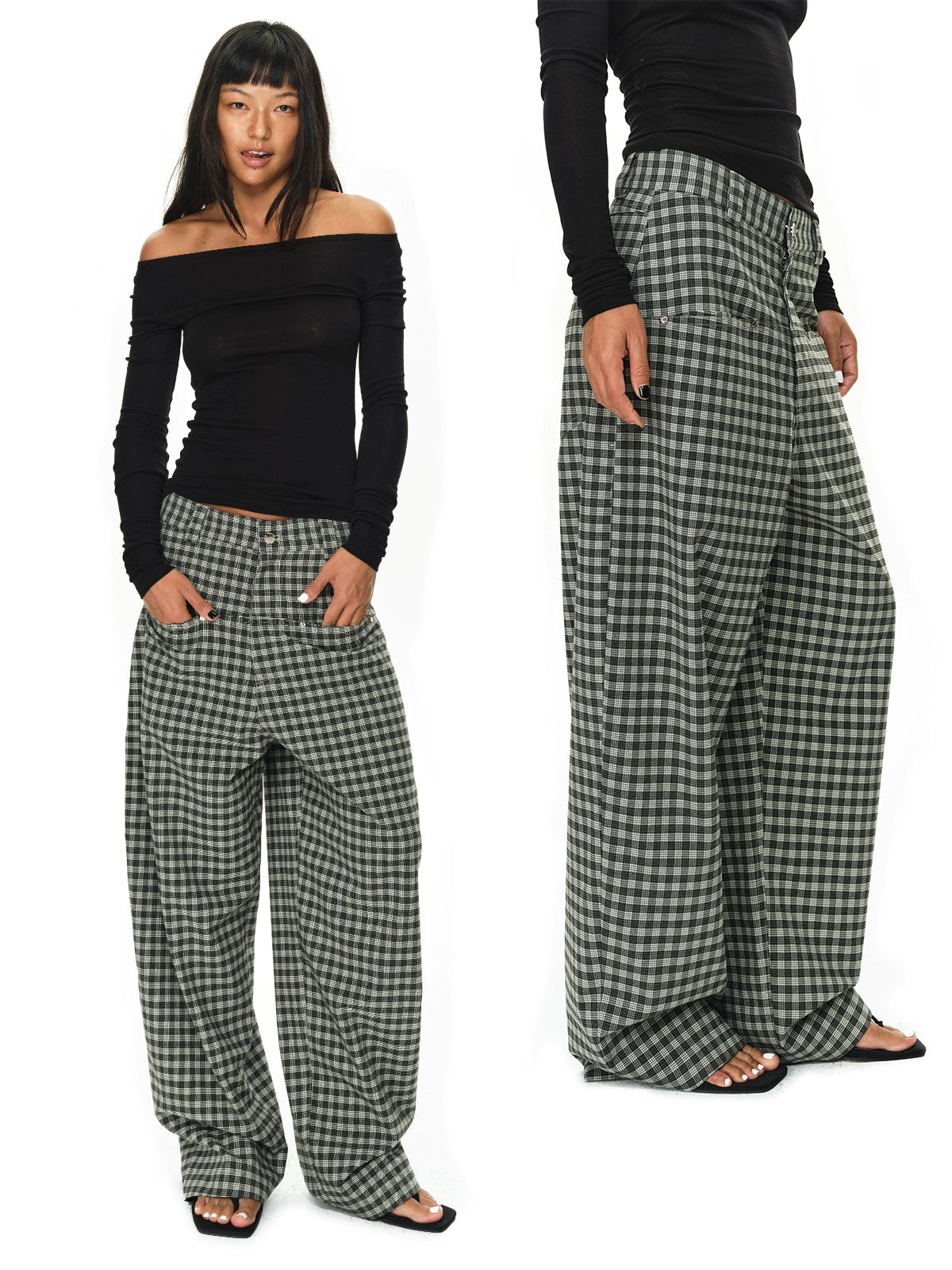 Grey and Black Checkered Loose Pants