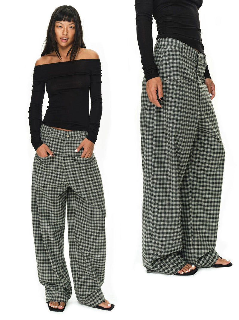 Grey and Black Checkered Loose Pants