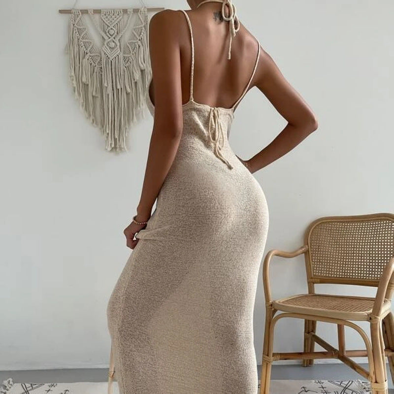 Clothes Cutout Lace Up Halter Spaghetti Straps Stitching Dress Maxi Dress