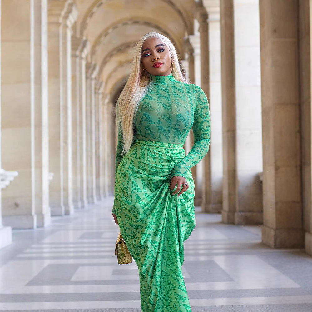 Clothing Autumn Winter Mesh Top Pleating Slim Fit Maxi Dress Two Piece Set