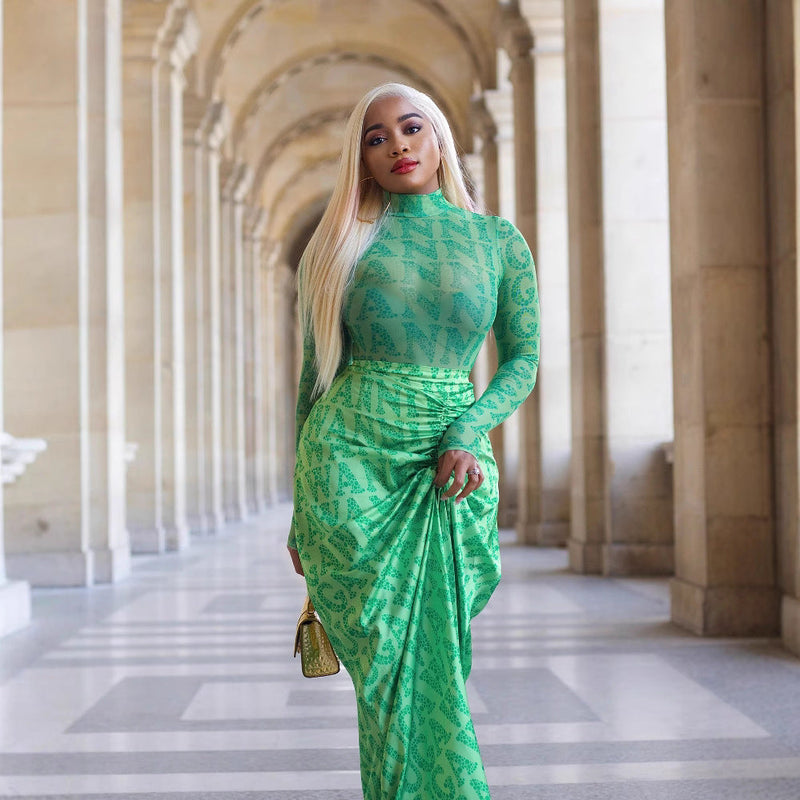 Clothing Autumn Winter Mesh Top Pleating Slim Fit Maxi Dress Two Piece Set