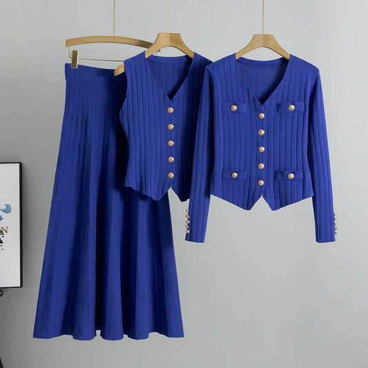 Blue –cardigan Vest Three Piece Set