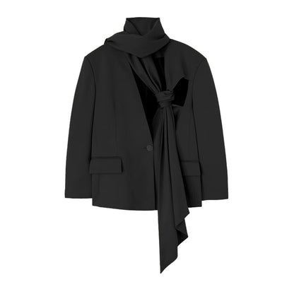 Two Piece Set for Autumn Winter Scarf Cut Profile Blazer High Waist Pants Set