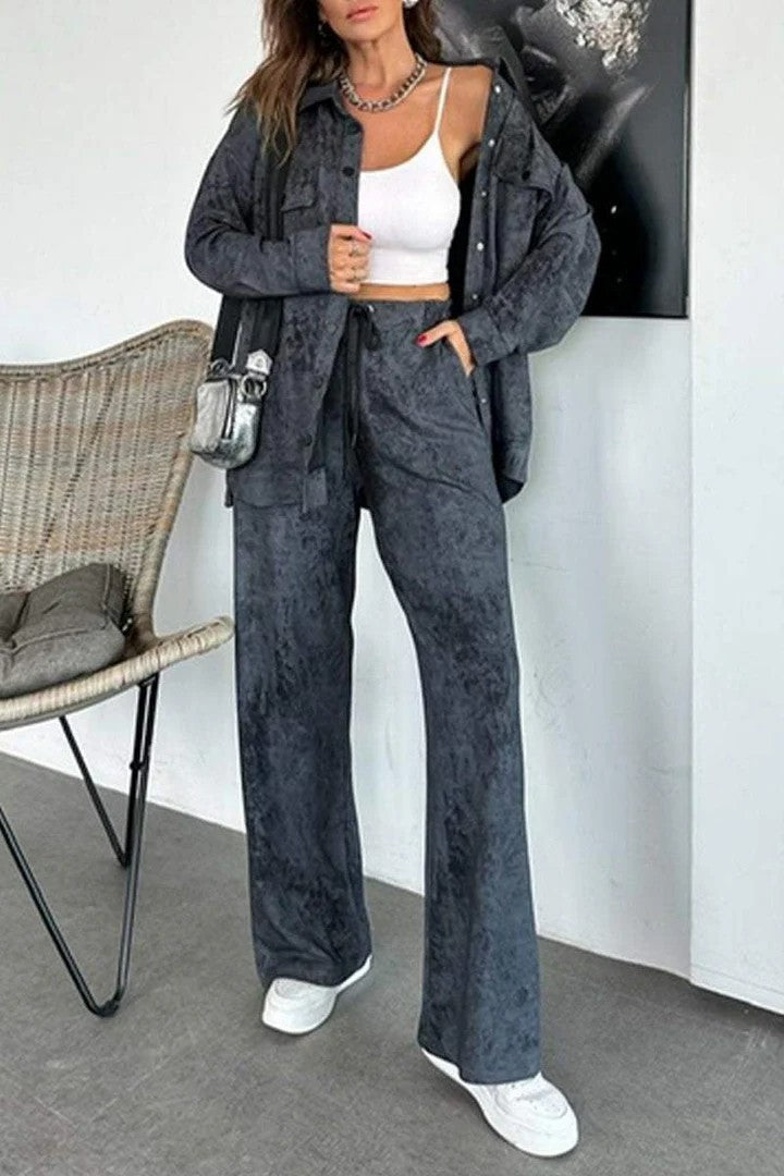 Tie Dye Collared Pocket Shirt Drawstring Wide Leg Pants Set