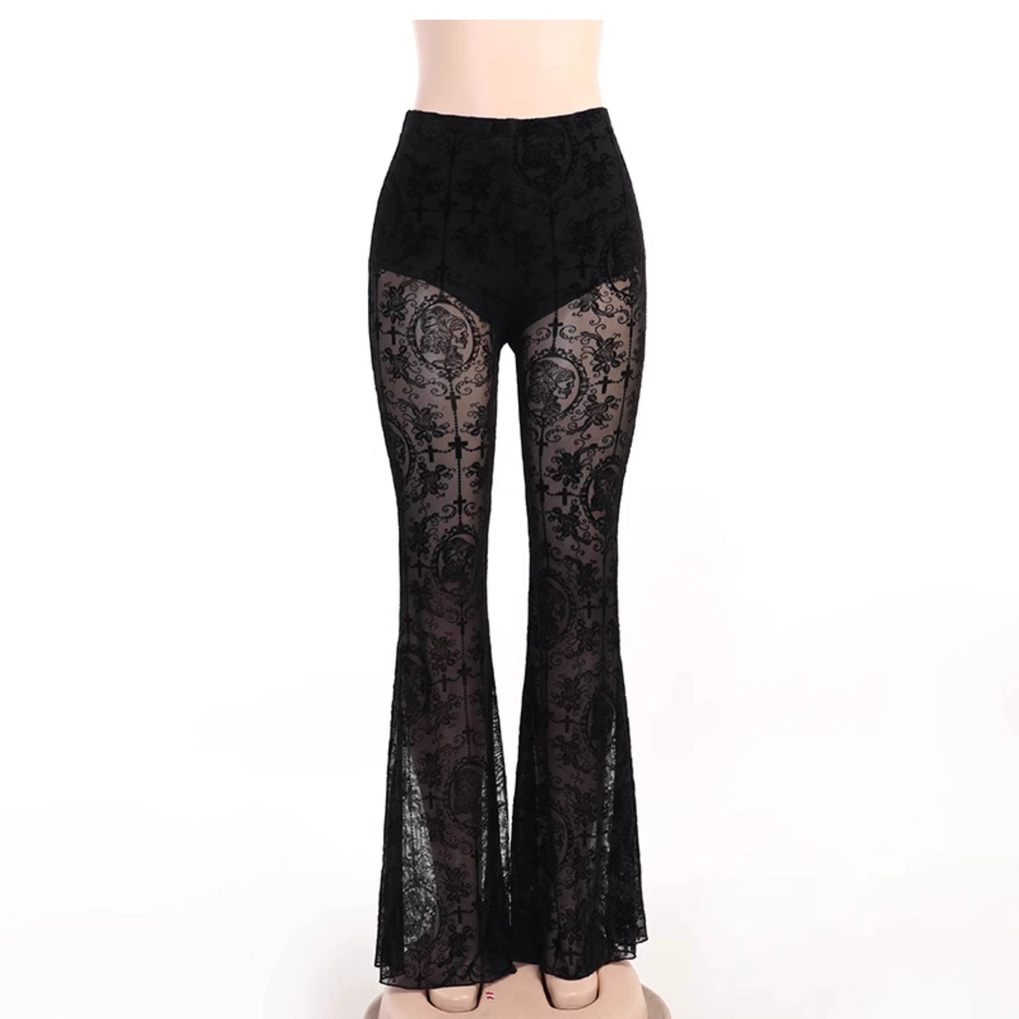 Wannathis Gothic Lace Ensemble - Black Sheer Flared Pants, Brocade Camisole, and Bell Sleeve Bolero