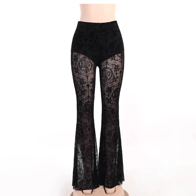 Wannathis Gothic Lace Ensemble - Black Sheer Flared Pants, Brocade Camisole, and Bell Sleeve Bolero