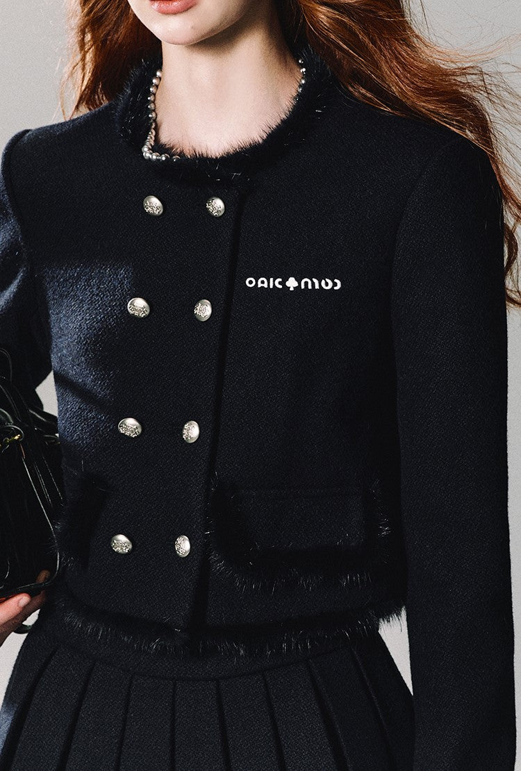 Double Breasted Tweed Jacket/pleated Skirt