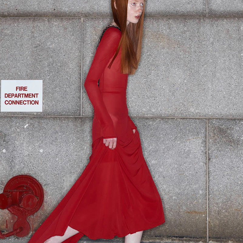 Autumn Clothing Mesh Backless Lace Up Long Sleeve Super Maxi Dress for