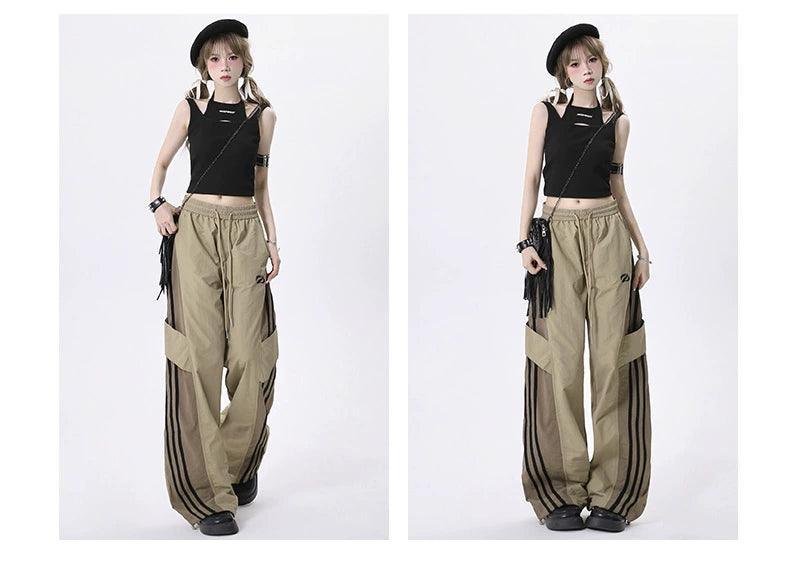 Rayohopp Color-block Wide-leg Track Pants - Drawstring Waist Athletic Trousers With Striped Panels
