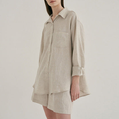 Linen Shirt Shorts Set Loose Laid Back Cotton Linen Shirt Two Piece Set