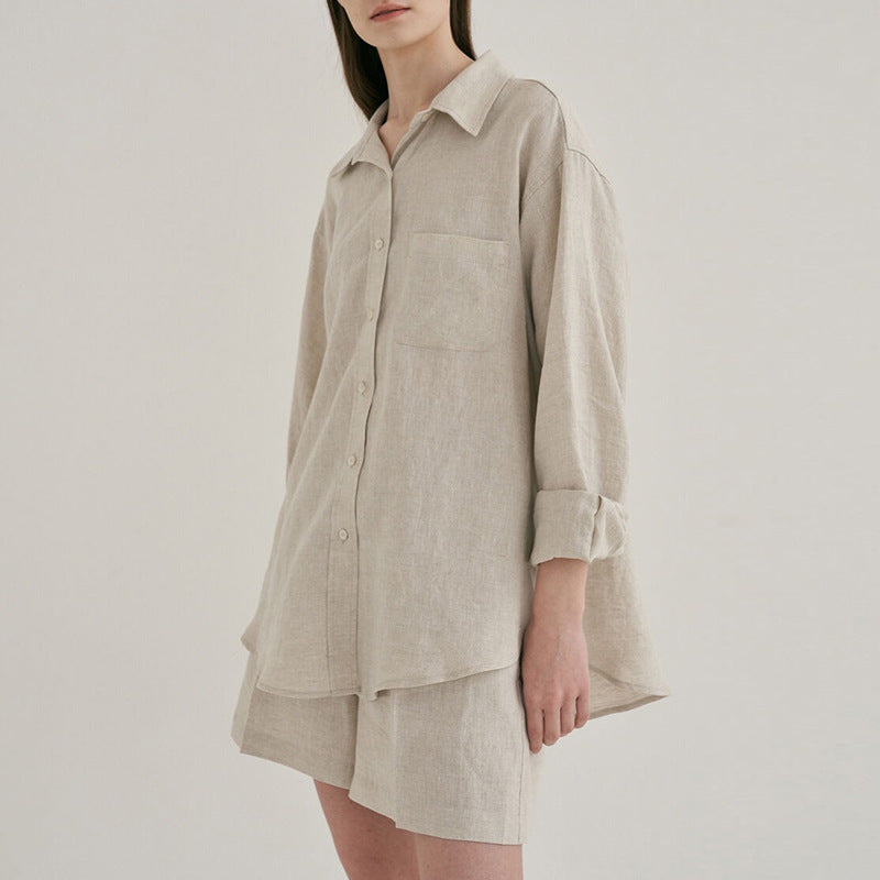Linen Shirt Shorts Set Loose Laid Back Cotton Linen Shirt Two Piece Set