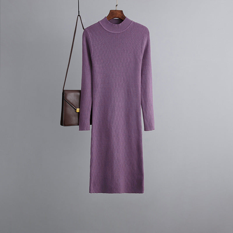 Sheath Half High Collar Inner Match Knitted Dress Fall Winter Outer Wear Thin Over the Knee Mid Length Sweater