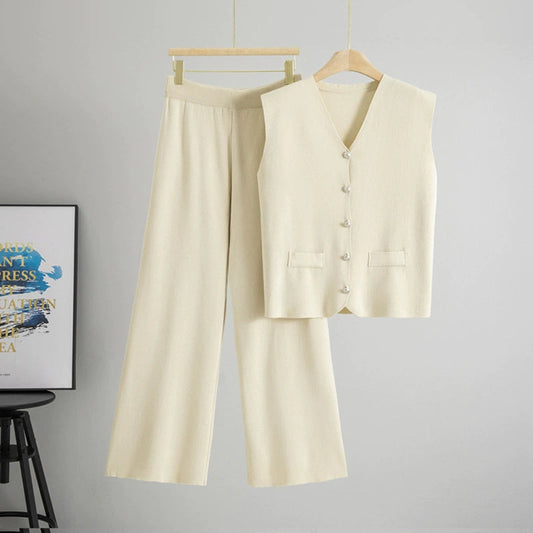 Apricot – Loose Cardigan Sleeveless Two-piece Set