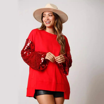 Autumn Winter Christmas Sequined Sleeve Top Stitching Long Sleeve Sweatshirt