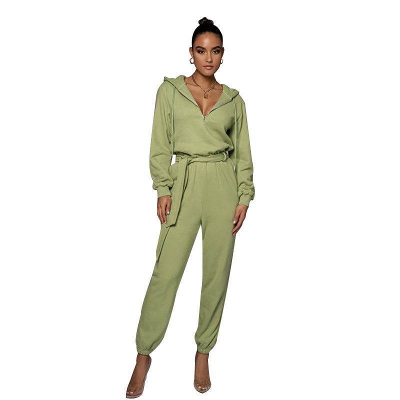 Autumn Winter Slim Fit Long Sleeve Color Hooded Half Open Collar Urban Jumpsuit