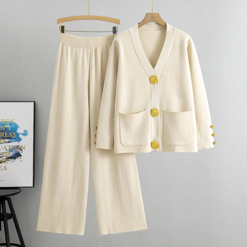 Two Piece Set Autumn Winter Wild Metal Buckle Knitted Cardigan Sweater Wide Leg Pants Set