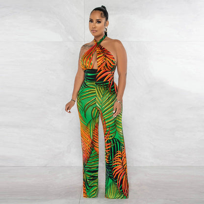 Clothing Sleeveless Backless Lace Up Printed Jumpsuit