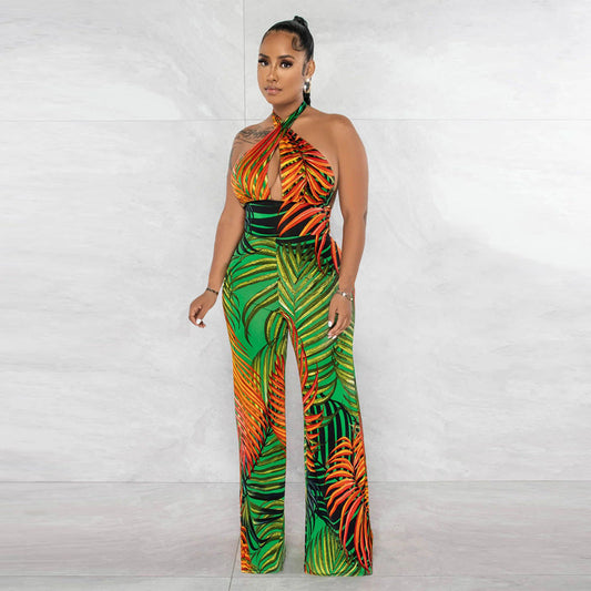 Clothing Sleeveless Backless Lace Up Printed Jumpsuit