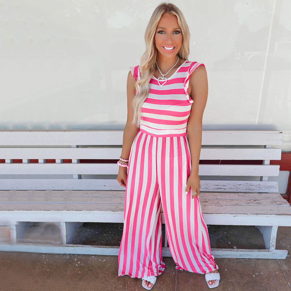 Summer Striped Round Neck Sleeveless Jumpsuit