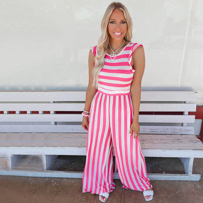 Summer Striped Round Neck Sleeveless Jumpsuit