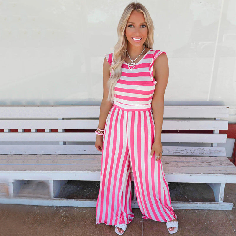 Summer Striped Round Neck Sleeveless Jumpsuit