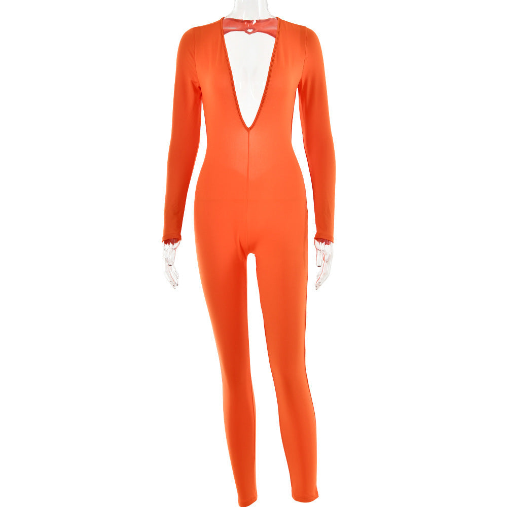 Autumn Deep V Plunge Neck Long Sleeved Leggings Backless Tight Jumpsuit