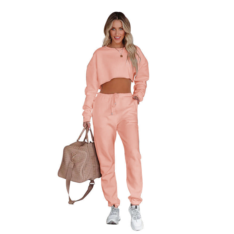 Autumn Winter Color Round Neck Pullover Cropped Long Sleeve Sweaters ’s Clothing Drawstring Trousers Suit