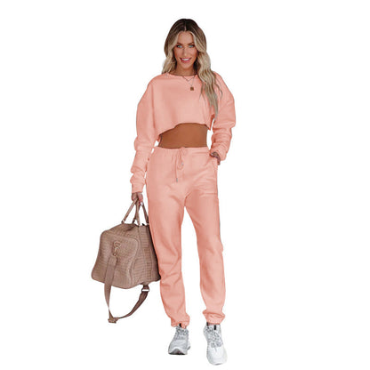 Autumn Winter Color Round Neck Pullover Cropped Long Sleeve Sweaters ’s Clothing Drawstring Trousers Suit