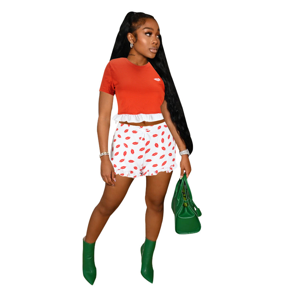 Clothing Summer Lace Color Matching Short-sleeved T-shirt Lip Printings Slim Two-piece Set Romper