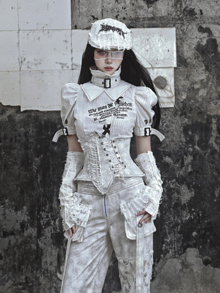 Punk Text Print Puff Sleeve Blouse With Straps and Ruffled Waist Detail