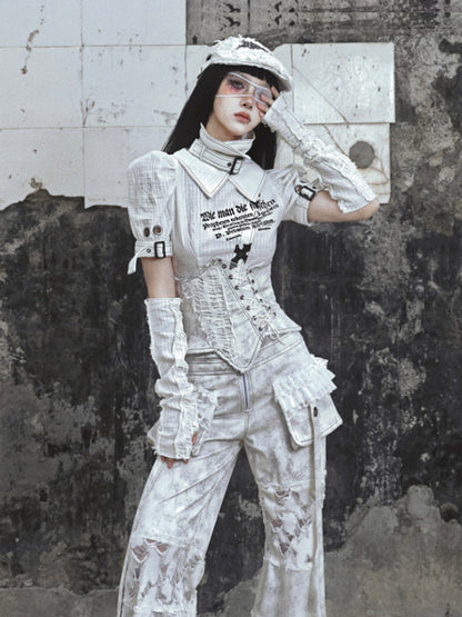 Punk Text Print Puff Sleeve Blouse With Straps and Ruffled Waist Detail