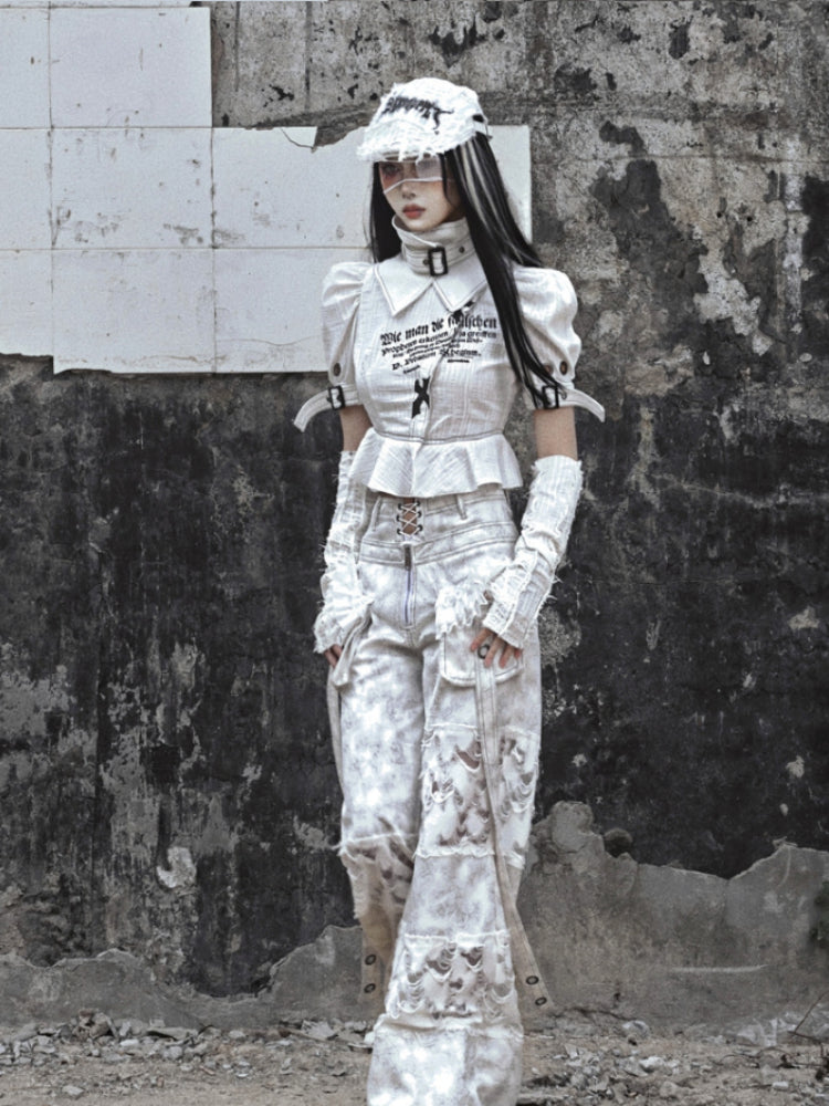 Punk Text Print Puff Sleeve Blouse With Straps and Ruffled Waist Detail