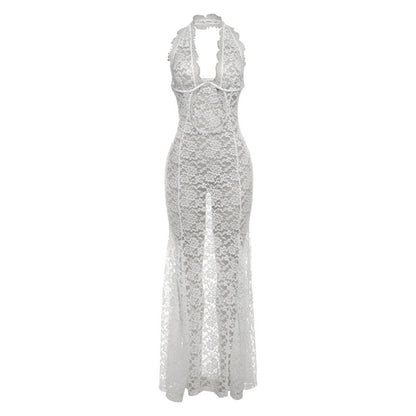 Summer Lace Hollow Out Cutout Out Halter Maxi Dress Backless Color Dress