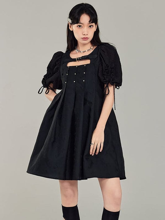 Black Leather Rivet Buckle Dress
