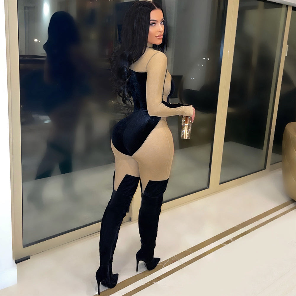 See-through Velvet Tight Slimming Sheath Jumpsuit