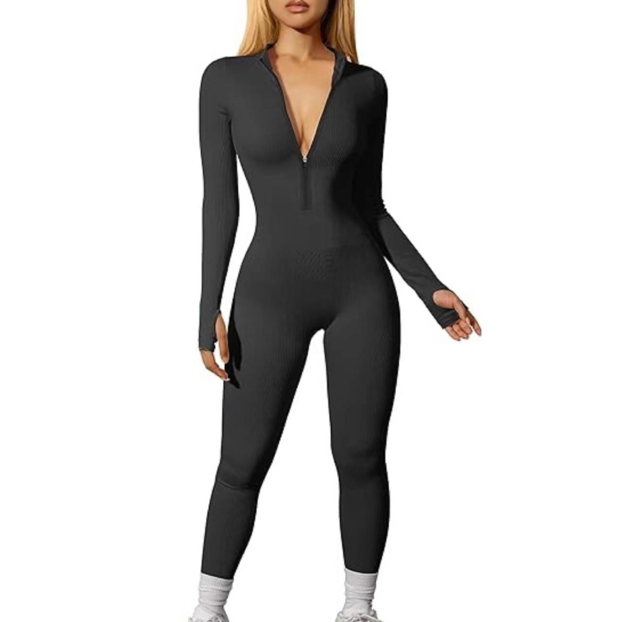 Sports Jumpsuit Workout Ribbed Long Sleeve Zipper Jumpsuit Trousers Tight