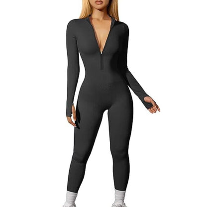 Sports Jumpsuit Workout Ribbed Long Sleeve Zipper Jumpsuit Trousers Tight