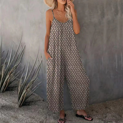 Summer Printed Sleeveless Loose Wide Leg Jumpsuit
