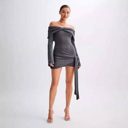 Sidony - Waist Knot Off-shoulder Knitted Mini Dress