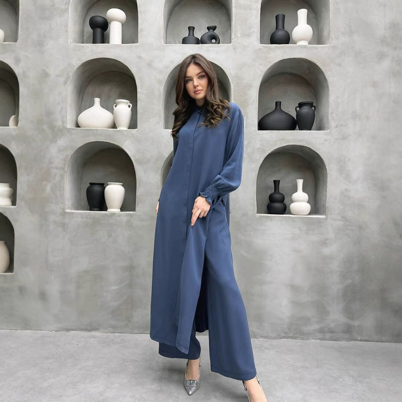 Clothing Multi Button Long Sleeve Split Stand Collar Shirt Straight Pants Two Piece Set