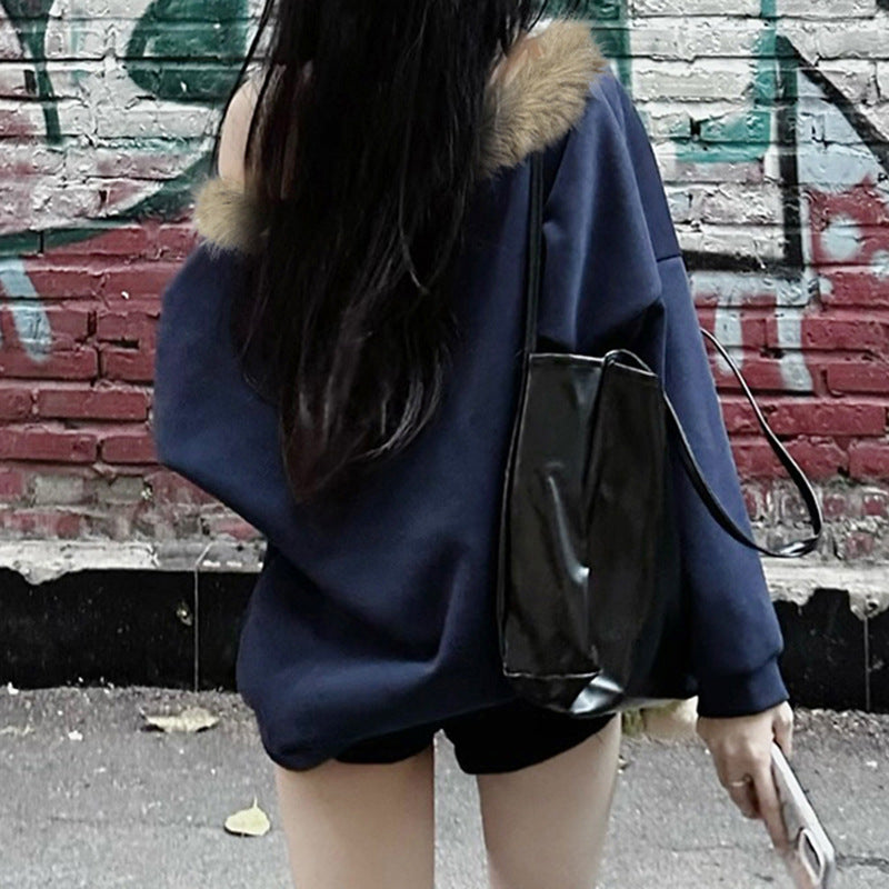 Street Furry Stitching Personality Diagonal Collar Loose Sweatshirt Off Shoulder Long Sleeves