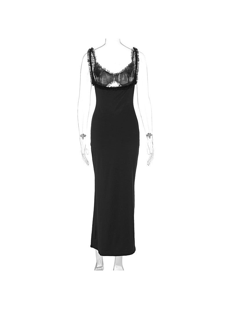 Deep Neck Cutout Lace Maxi Dress