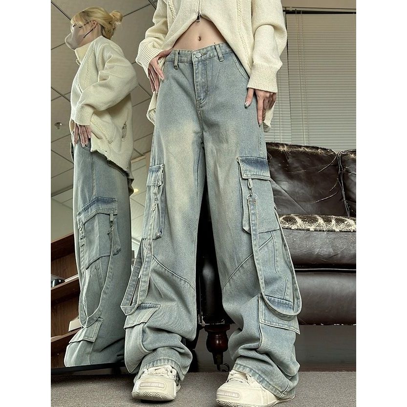 Retro Washed Overalls Wide Cargo Jeans