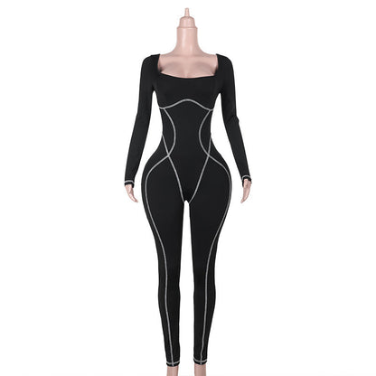 Autumn Clothing Street Personalized Slim Fit Square Collar Split Jumpsuit