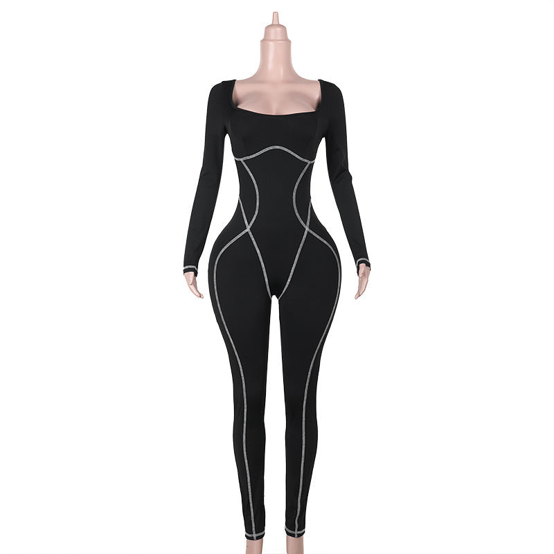 Autumn Clothing Street Personalized Slim Fit Square Collar Split Jumpsuit