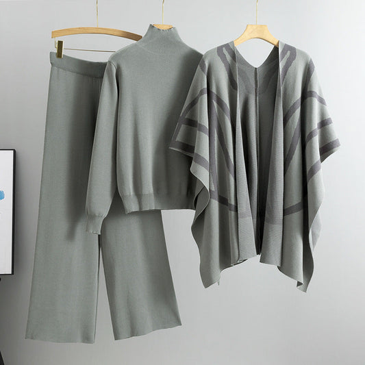 Gray – Knit Sweater Shawl Three Piece Set